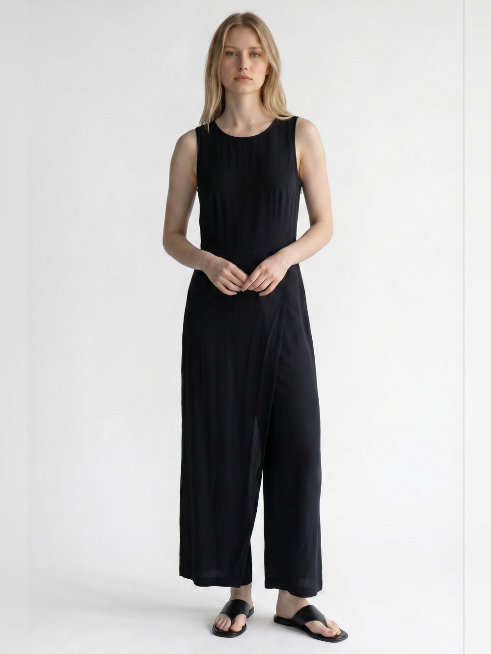 Eileen Fisher Black Tencel Lyocell Wide Leg Sleeveless Jumpsuit Pockets Size XXS